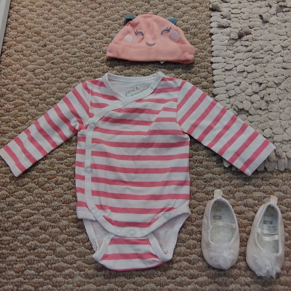 (3) Pink and White Striped Baby Bodysuit Set